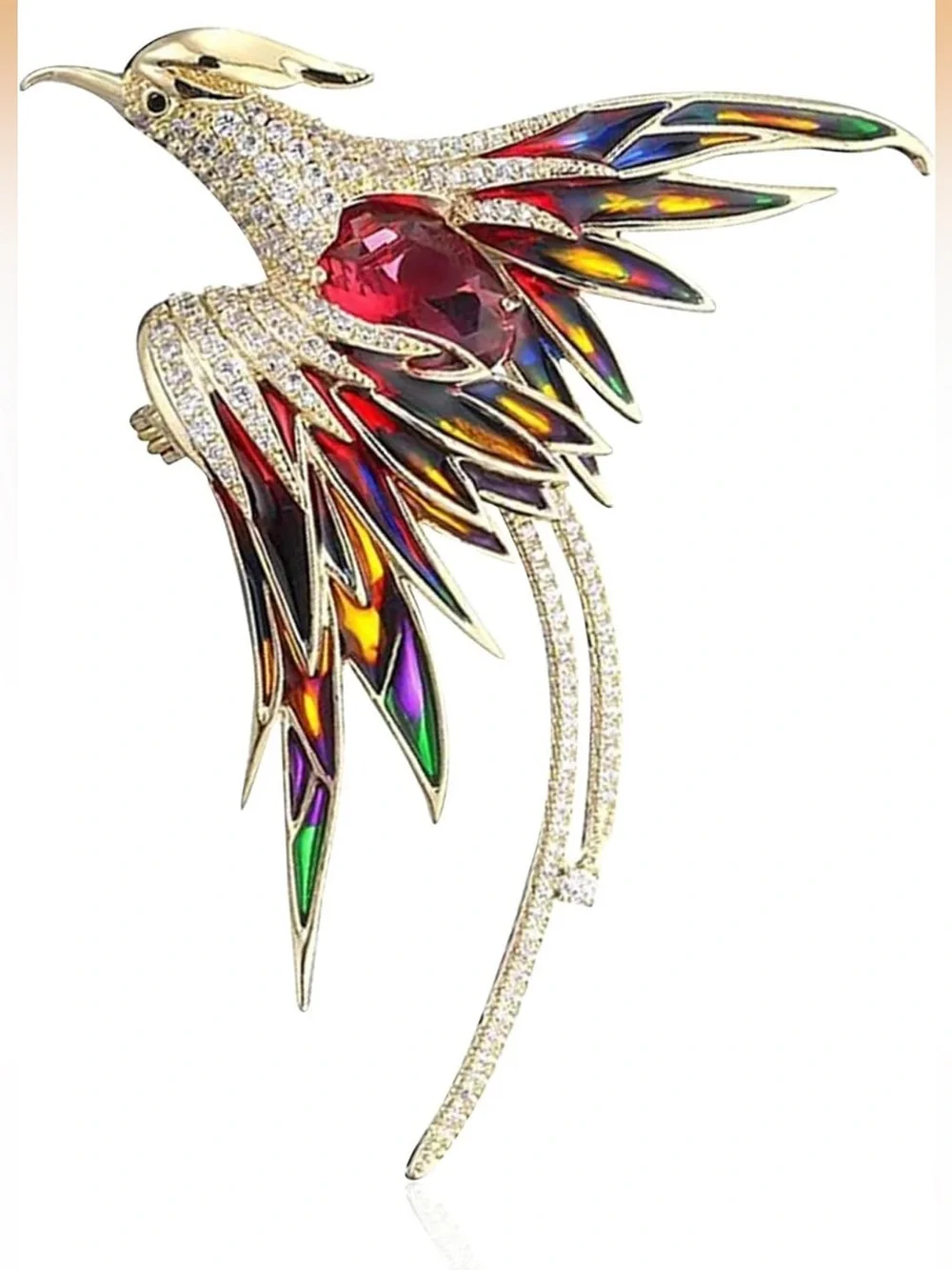 Gold-Tone Hummingbird Brooch with Red Crystal and Rainbow Enamel